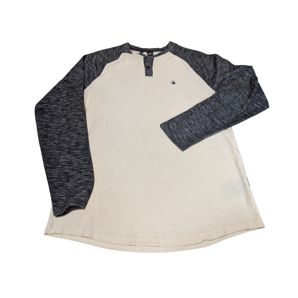 Volcom Henley Shirt Mens Large Cream Gray Raglan Long Sleeve Space Dye Skate Tee